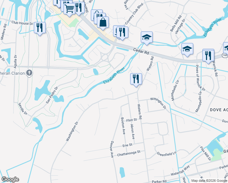 map of restaurants, bars, coffee shops, grocery stores, and more near 622 Washington Drive in Chesapeake
