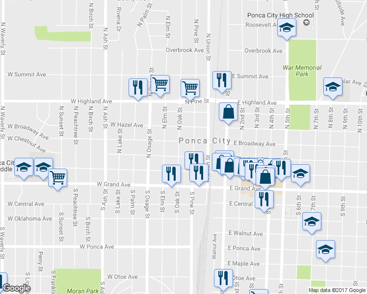 map of restaurants, bars, coffee shops, grocery stores, and more near 313 North Oak Street in Ponca City