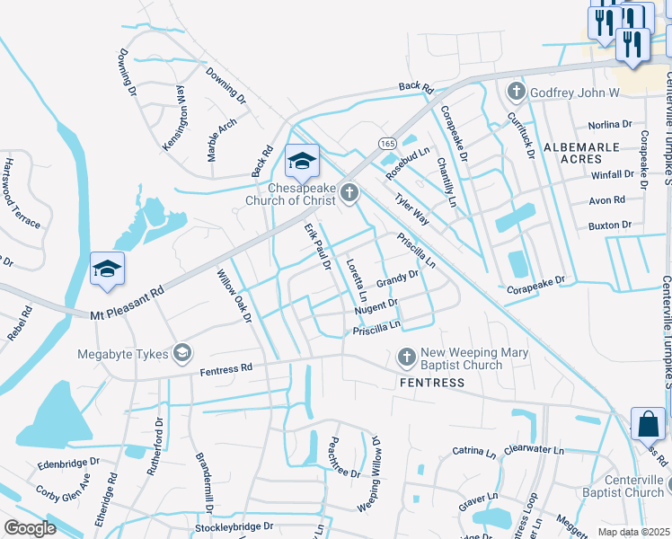 map of restaurants, bars, coffee shops, grocery stores, and more near 805 Erik Paul Drive in Chesapeake