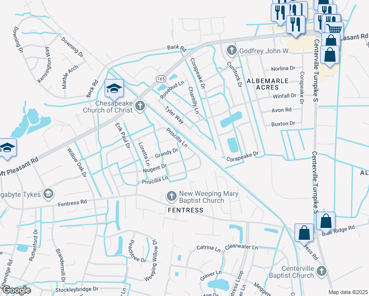 map of restaurants, bars, coffee shops, grocery stores, and more near 1101 Priscilla Lane in Chesapeake