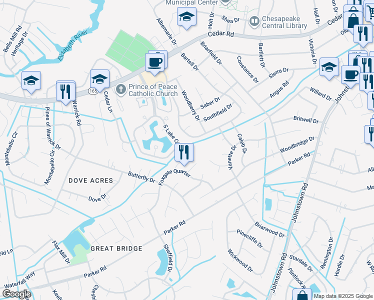 map of restaurants, bars, coffee shops, grocery stores, and more near 404 Yancy Court in Chesapeake