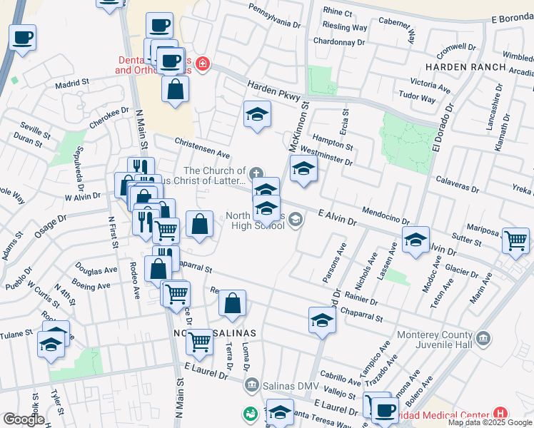 map of restaurants, bars, coffee shops, grocery stores, and more near 55 Kip Drive in Salinas