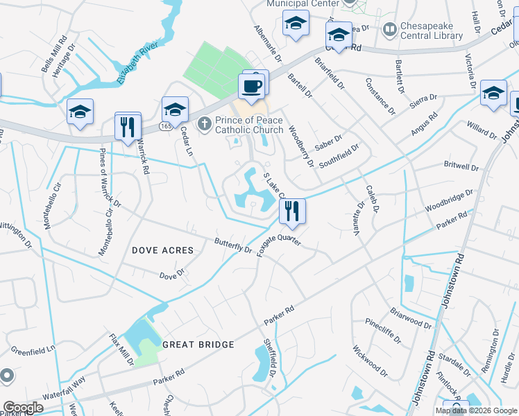 map of restaurants, bars, coffee shops, grocery stores, and more near 511 Long Point in Chesapeake