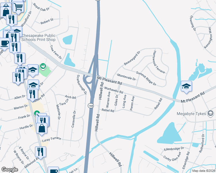 map of restaurants, bars, coffee shops, grocery stores, and more near 412 Warhawks Road in Chesapeake