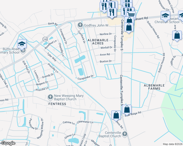 map of restaurants, bars, coffee shops, grocery stores, and more near 548 Currituck Drive in Chesapeake