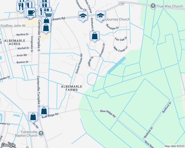 map of restaurants, bars, coffee shops, grocery stores, and more near 704 Catamount Court in Chesapeake