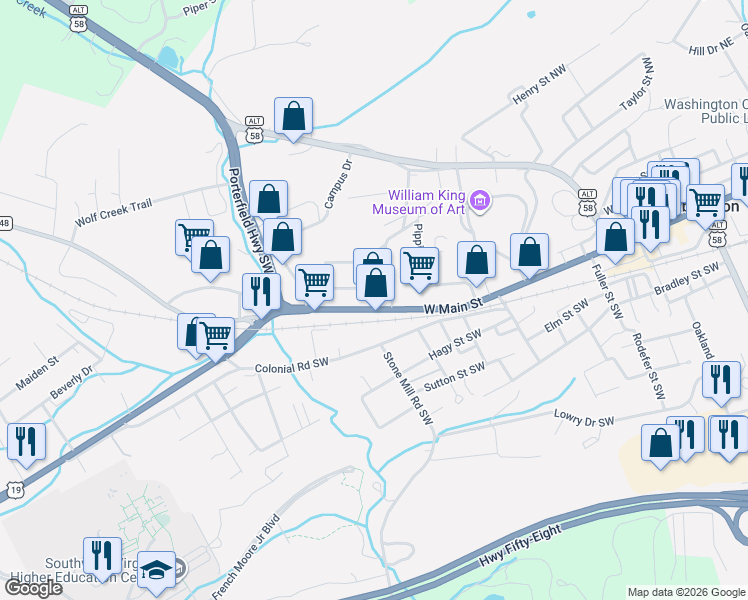 map of restaurants, bars, coffee shops, grocery stores, and more near 619 West Main Street in Abingdon