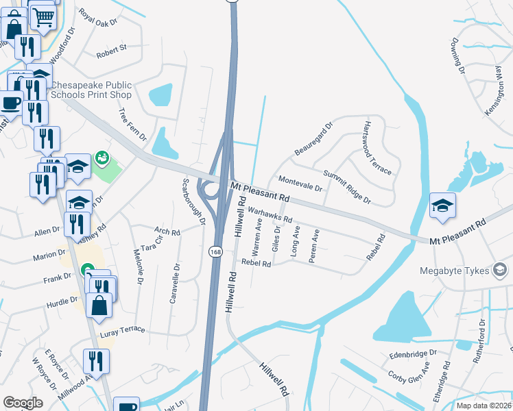 map of restaurants, bars, coffee shops, grocery stores, and more near 412 Warhawks Road in Chesapeake