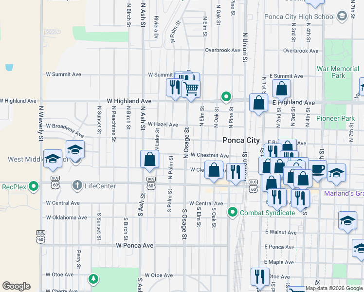 map of restaurants, bars, coffee shops, grocery stores, and more near 314 North Osage Street in Ponca City