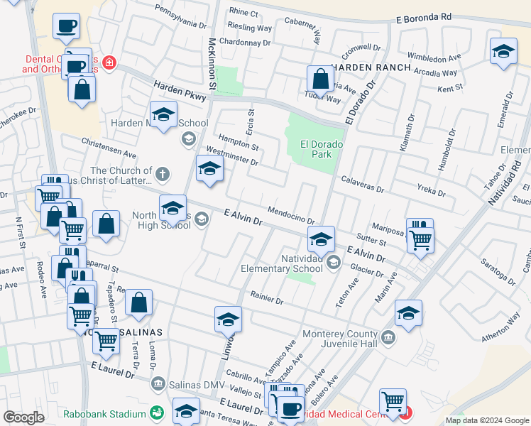 map of restaurants, bars, coffee shops, grocery stores, and more near 392 Mendocino Drive in Salinas