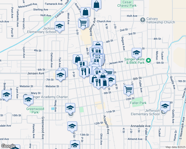 map of restaurants, bars, coffee shops, grocery stores, and more near 1430 7th Street in Sanger