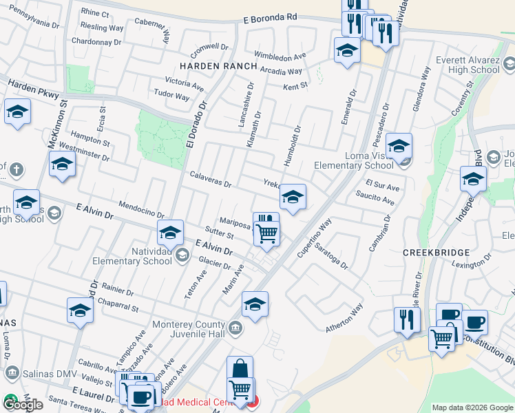 map of restaurants, bars, coffee shops, grocery stores, and more near 563 Leslie Dr in Salinas