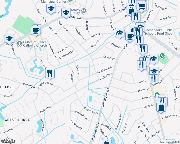 map of restaurants, bars, coffee shops, grocery stores, and more near 312 Randy Court in Chesapeake