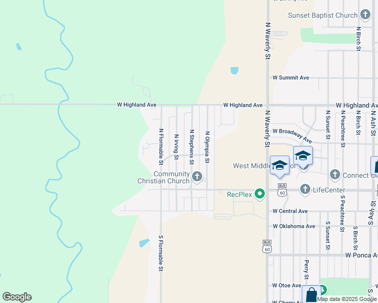 map of restaurants, bars, coffee shops, grocery stores, and more near 304 North Stephens Street in Ponca City