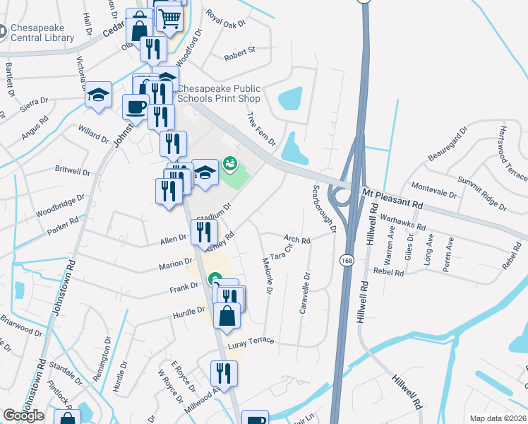 map of restaurants, bars, coffee shops, grocery stores, and more near 115 Ashley Road in Chesapeake