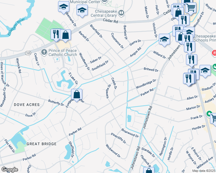 map of restaurants, bars, coffee shops, grocery stores, and more near 516 Copeland Drive in Chesapeake