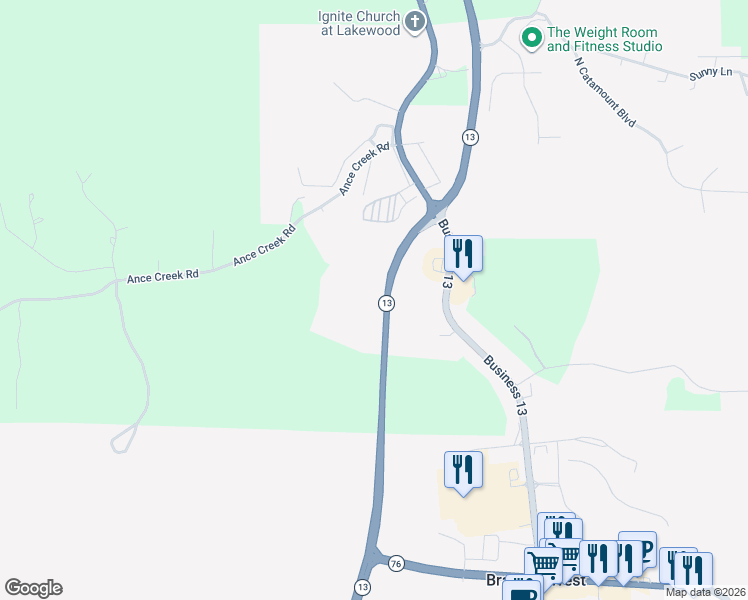 map of restaurants, bars, coffee shops, grocery stores, and more near 18881 Business 13 in Branson West