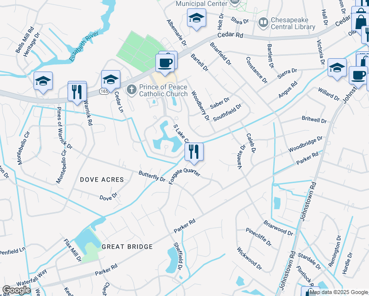 map of restaurants, bars, coffee shops, grocery stores, and more near 605 South Lake Circle in Chesapeake