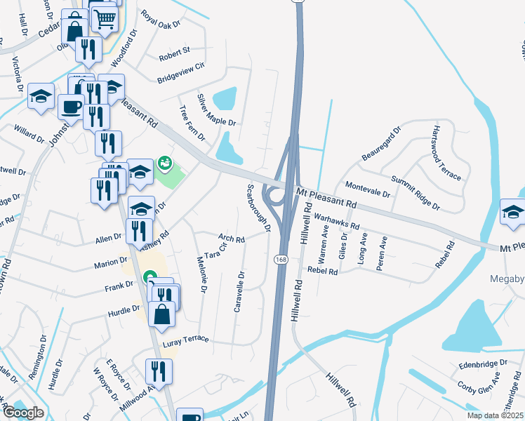 map of restaurants, bars, coffee shops, grocery stores, and more near 415 Scarborough Drive in Chesapeake