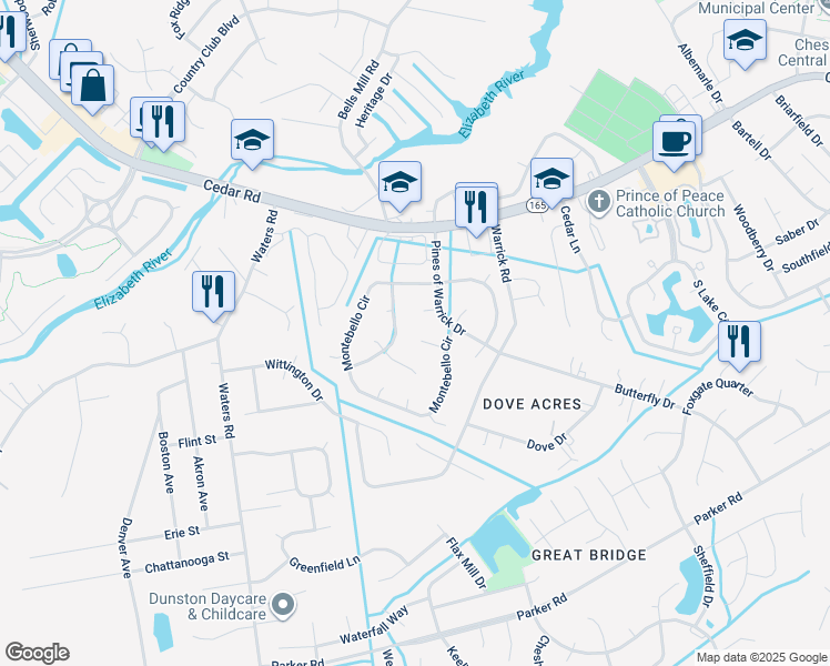 map of restaurants, bars, coffee shops, grocery stores, and more near 512 Bonsack Court in Chesapeake