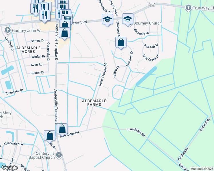map of restaurants, bars, coffee shops, grocery stores, and more near 704 Field Crest Court in Chesapeake