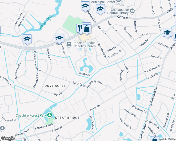 map of restaurants, bars, coffee shops, grocery stores, and more near 507 Long Point in Chesapeake