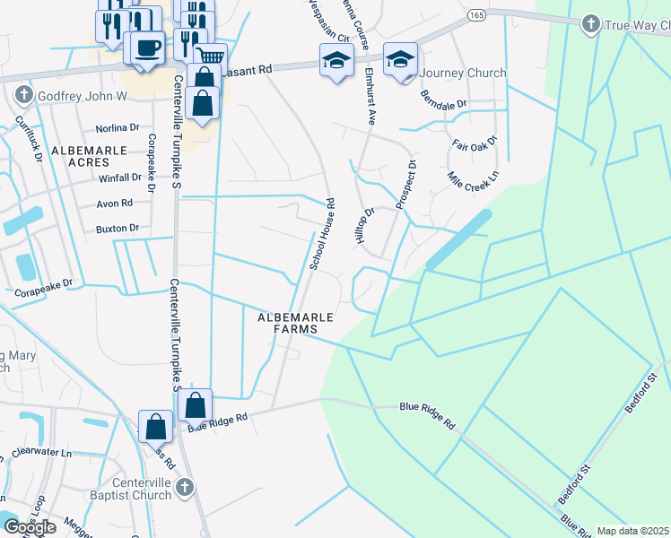 map of restaurants, bars, coffee shops, grocery stores, and more near 704 Field Crest Court in Chesapeake