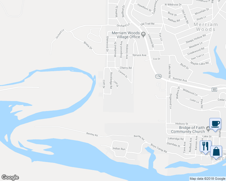 map of restaurants, bars, coffee shops, grocery stores, and more near 7007 Rockledge Road in Merriam Woods