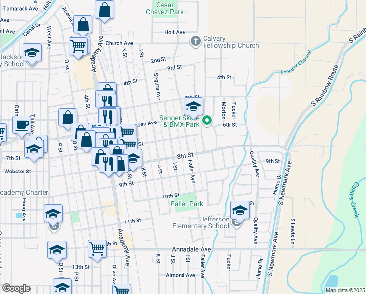 map of restaurants, bars, coffee shops, grocery stores, and more near 724 I Street in Sanger