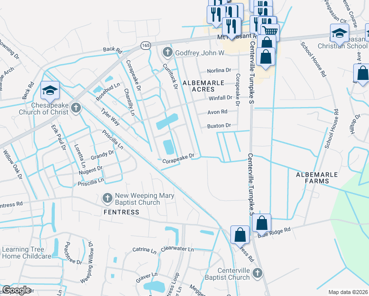 map of restaurants, bars, coffee shops, grocery stores, and more near 548 Currituck Drive in Chesapeake
