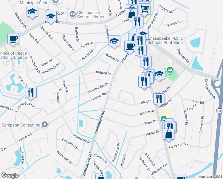 map of restaurants, bars, coffee shops, grocery stores, and more near 465 Johnstown Road in Chesapeake