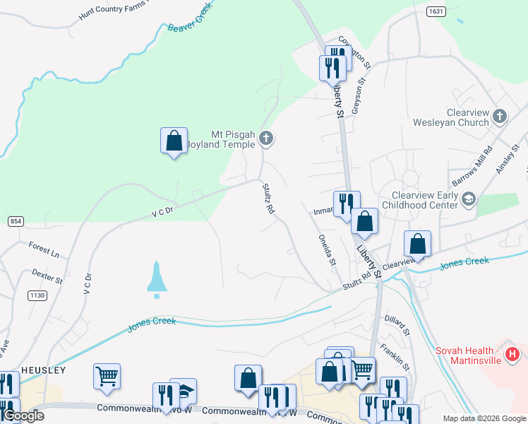 map of restaurants, bars, coffee shops, grocery stores, and more near 739-753 Stultz Road in Martinsville