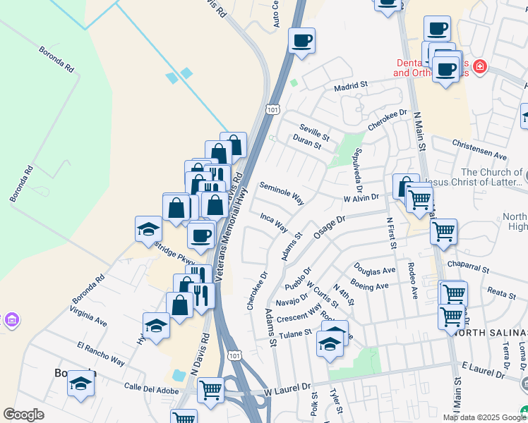 map of restaurants, bars, coffee shops, grocery stores, and more near 564 Inca Way in Salinas