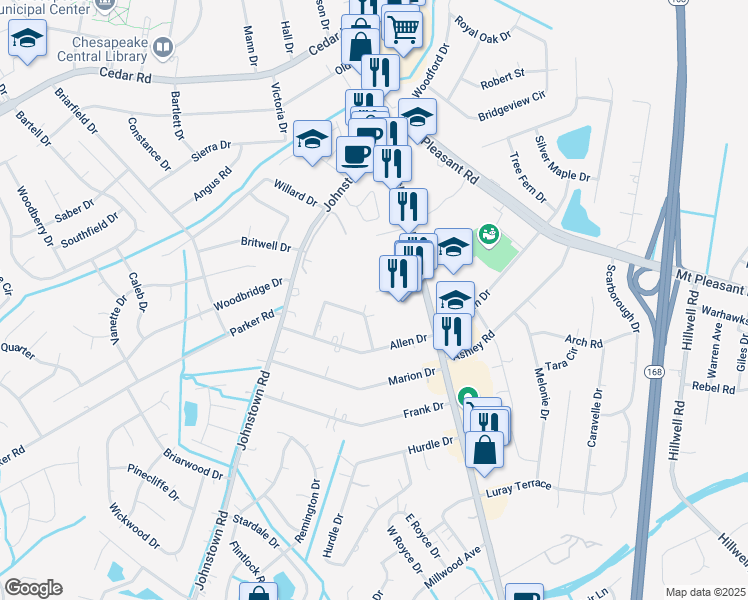 map of restaurants, bars, coffee shops, grocery stores, and more near 125 Glovers Court in Chesapeake