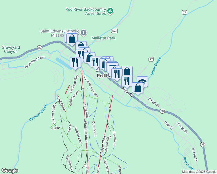 map of restaurants, bars, coffee shops, grocery stores, and more near Independence in Red River