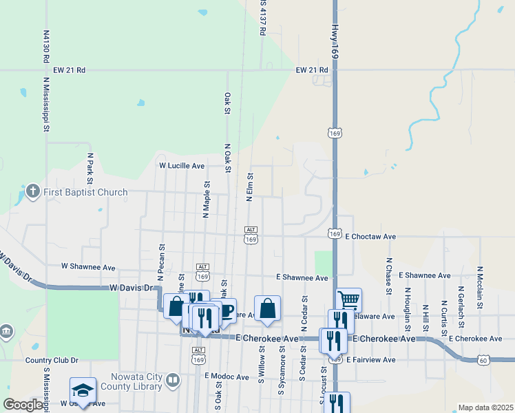 map of restaurants, bars, coffee shops, grocery stores, and more near 450 North Willow Street in Nowata