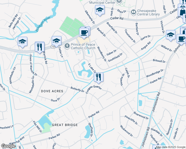 map of restaurants, bars, coffee shops, grocery stores, and more near 605 South Lake Circle in Chesapeake