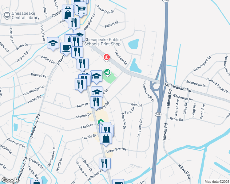map of restaurants, bars, coffee shops, grocery stores, and more near 120 Ashley Road in Chesapeake