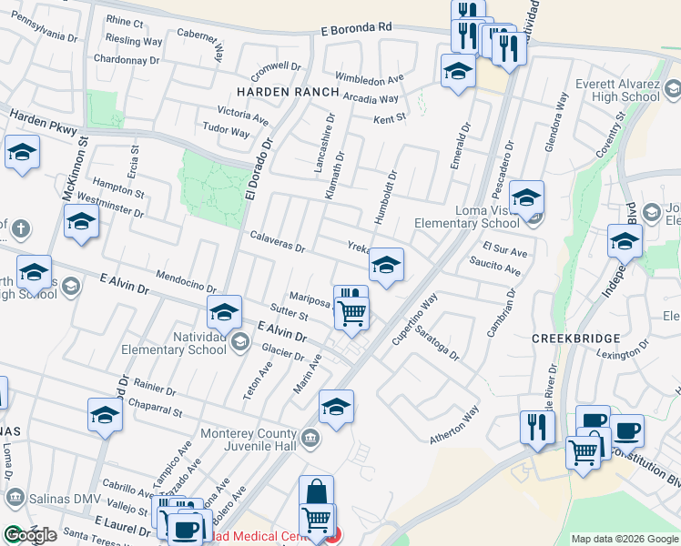 map of restaurants, bars, coffee shops, grocery stores, and more near 563 Leslie Drive in Salinas