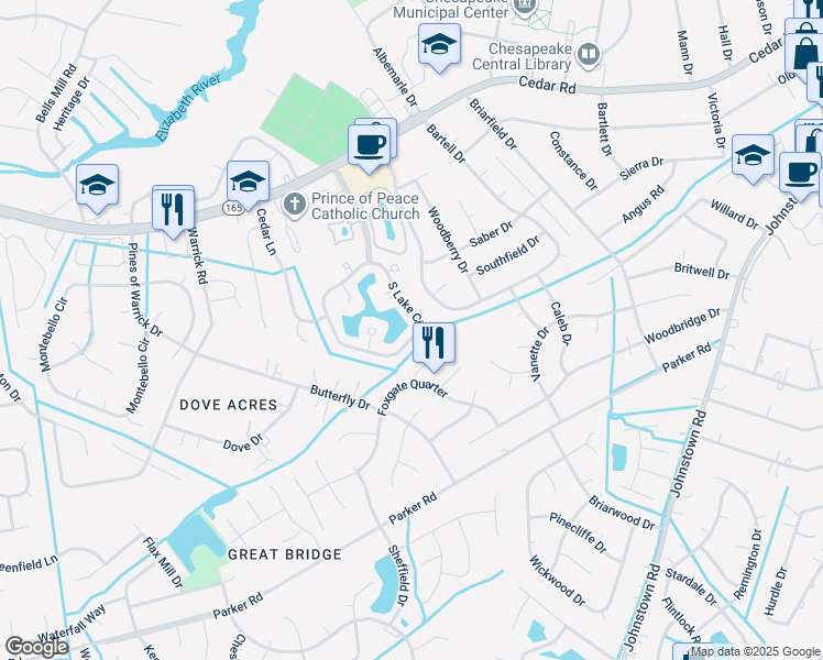 map of restaurants, bars, coffee shops, grocery stores, and more near 603 South Lake Circle in Chesapeake