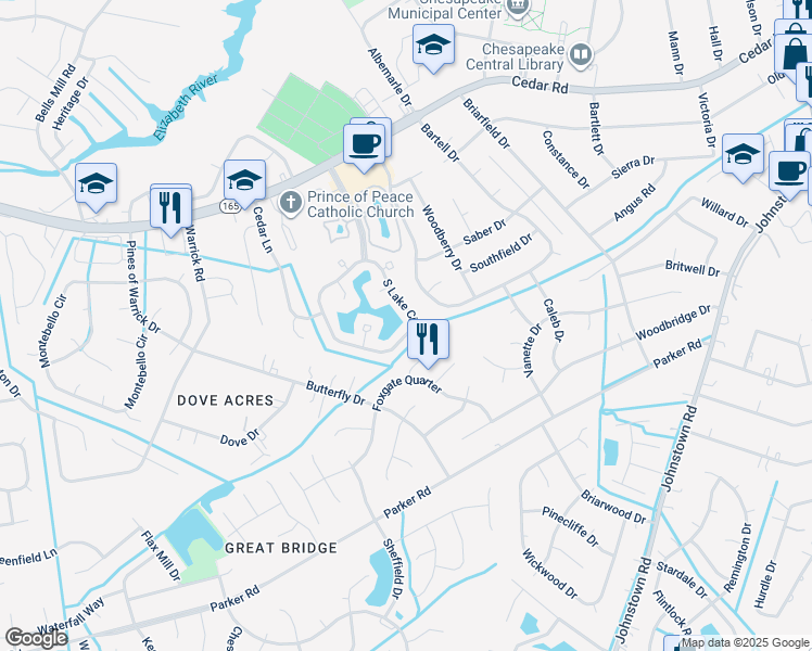 map of restaurants, bars, coffee shops, grocery stores, and more near 603 South Lake Circle in Chesapeake