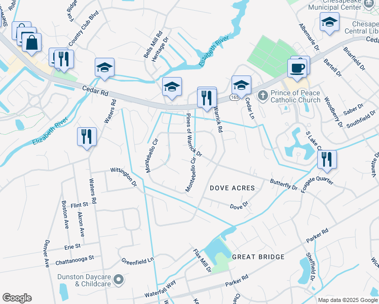 map of restaurants, bars, coffee shops, grocery stores, and more near 410 Pines of Warrick Drive in Chesapeake