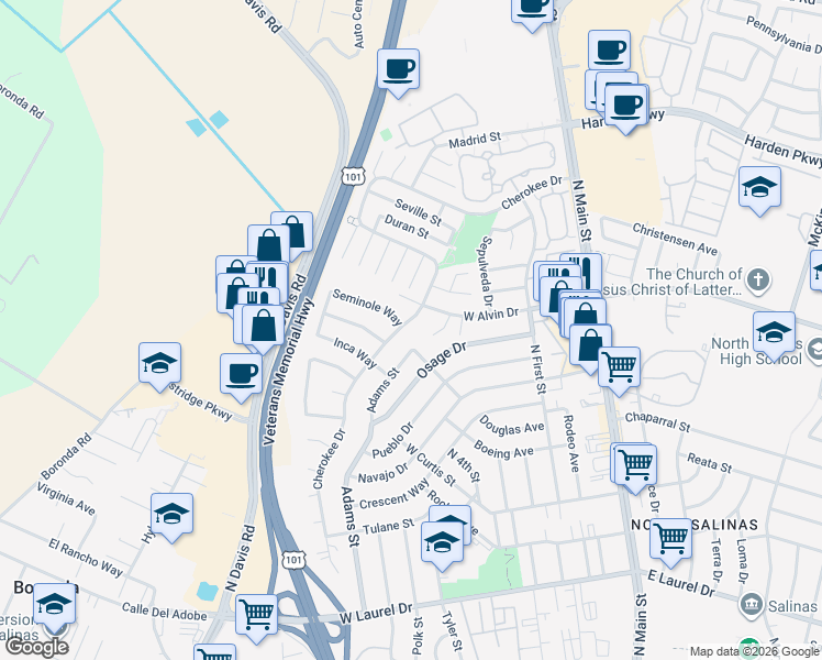 map of restaurants, bars, coffee shops, grocery stores, and more near 1462 Mohawk Avenue in Salinas
