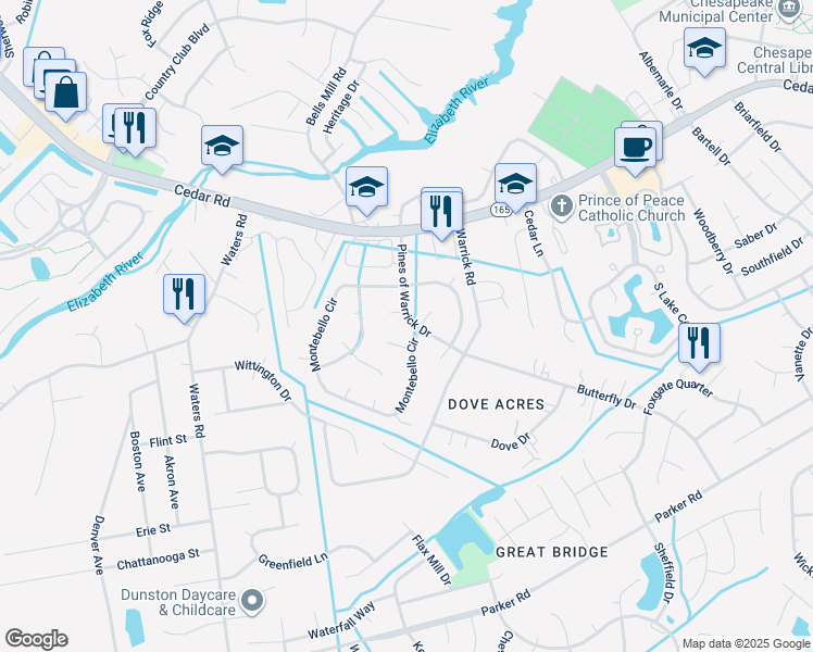 map of restaurants, bars, coffee shops, grocery stores, and more near 410 Pines of Warrick Drive in Chesapeake