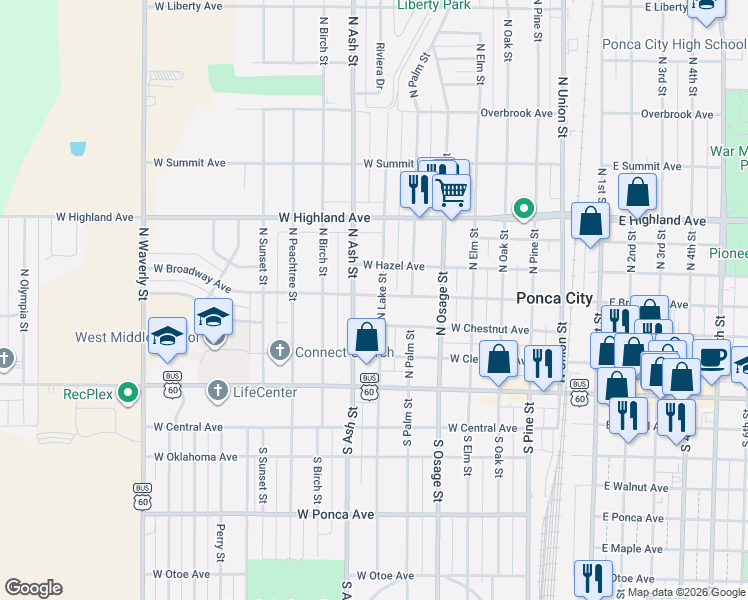 map of restaurants, bars, coffee shops, grocery stores, and more near 308 North Lake Street in Ponca City