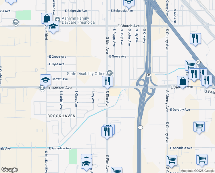 map of restaurants, bars, coffee shops, grocery stores, and more near East Jensen Avenue & South Elm Avenue in Fresno