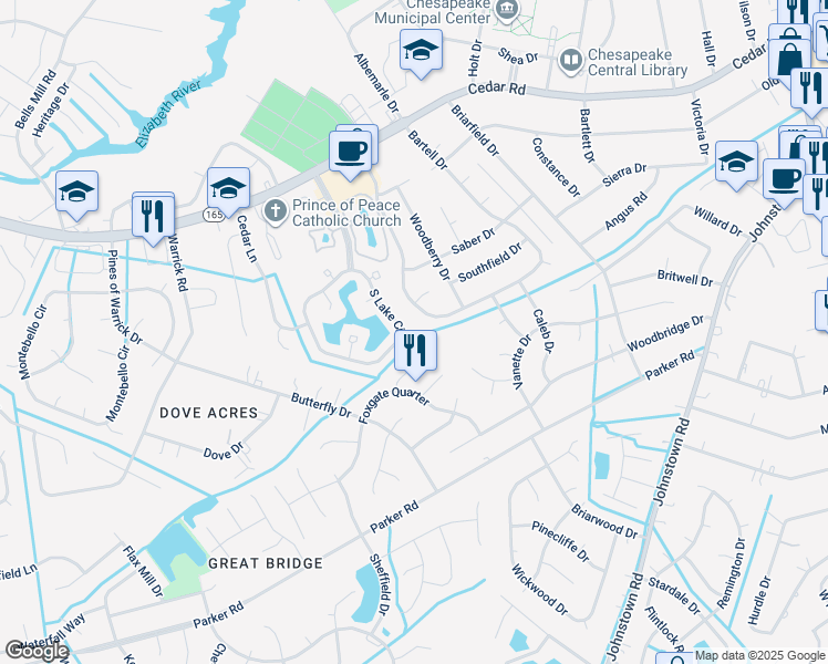 map of restaurants, bars, coffee shops, grocery stores, and more near 534 S Lake Cir in Chesapeake