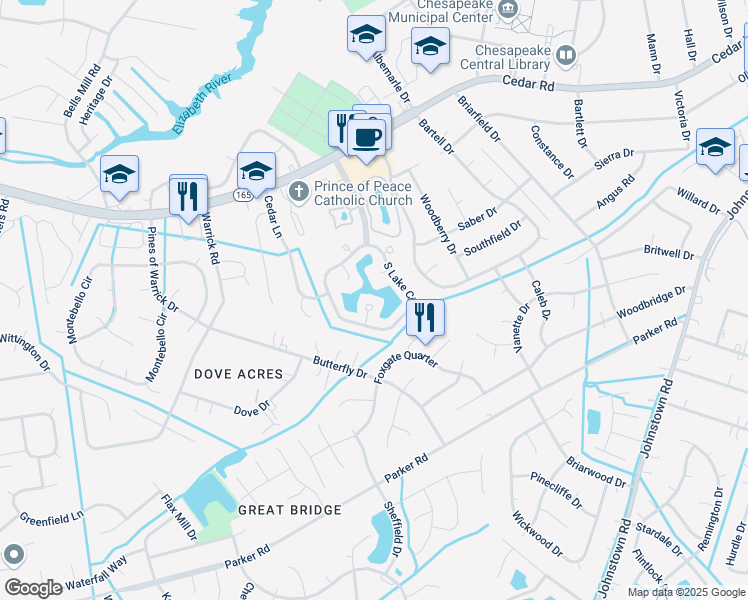 map of restaurants, bars, coffee shops, grocery stores, and more near 501 Long Point in Chesapeake