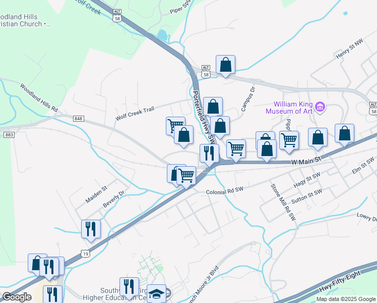 map of restaurants, bars, coffee shops, grocery stores, and more near Village Boulevard in Abingdon