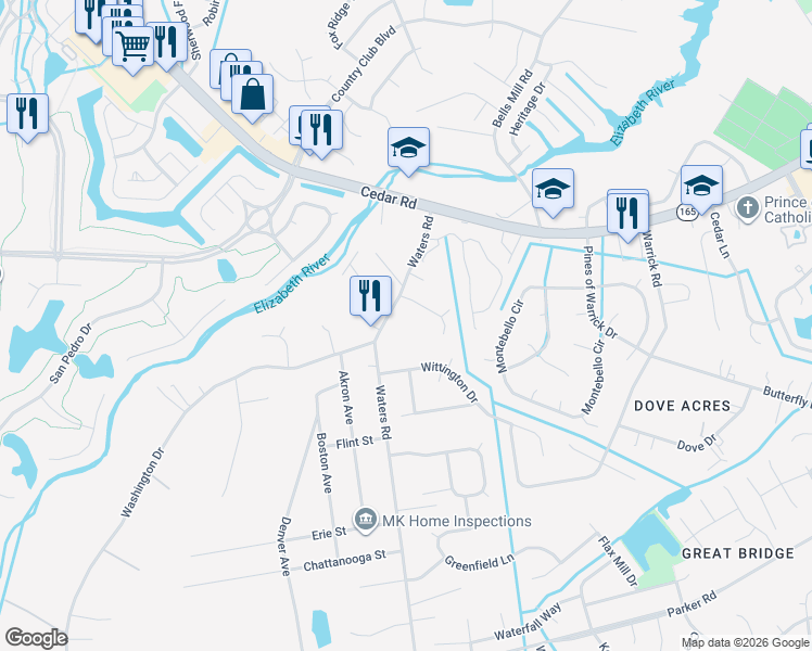 map of restaurants, bars, coffee shops, grocery stores, and more near 516 Twelve Oaks Court in Chesapeake
